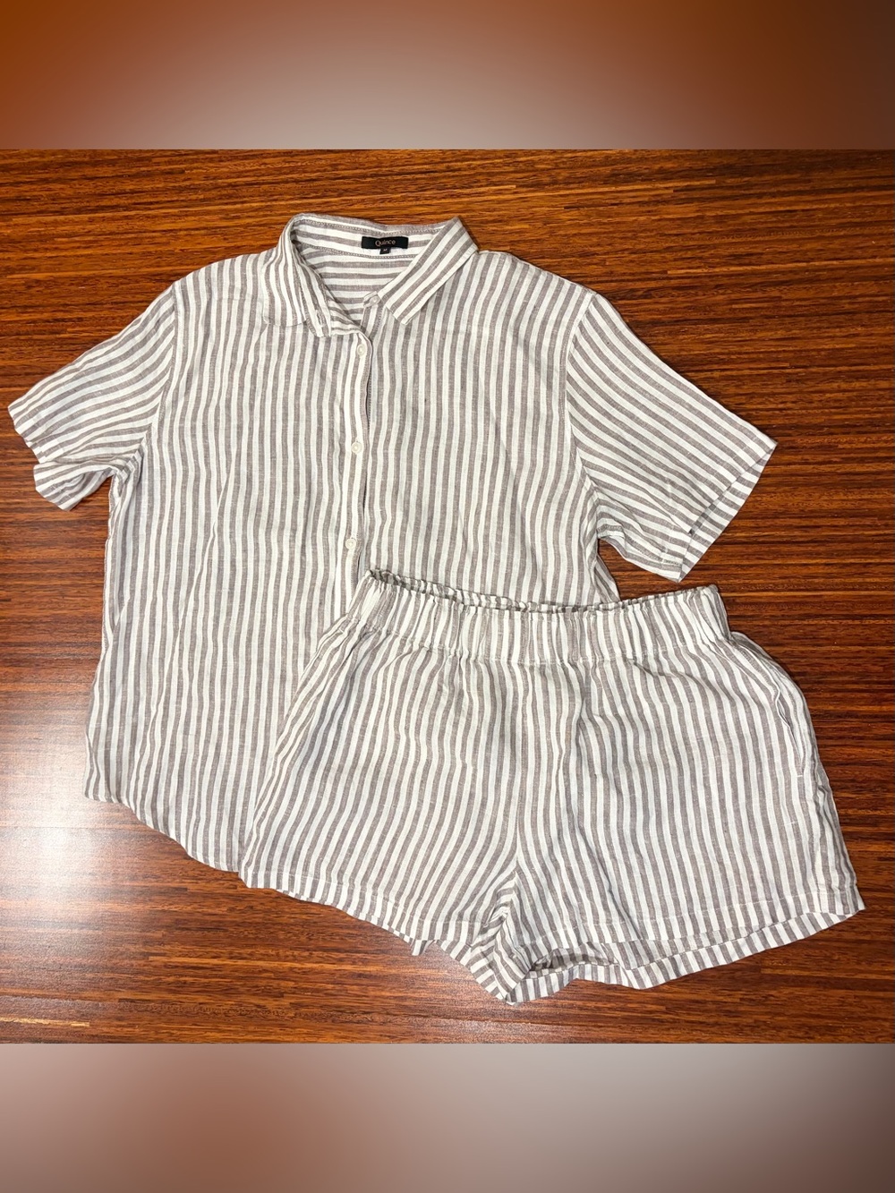 Quince Shorts Pajama Set Women M 100% European Linen Taupe Mariner Stripe